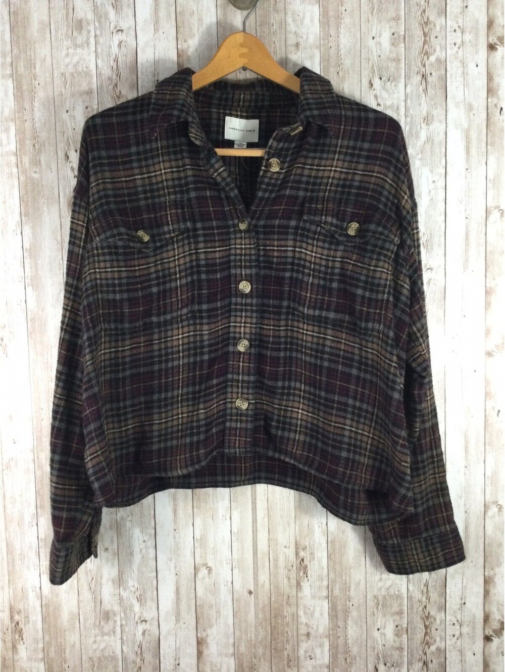American Eagle Wome Earthy Plaid Flannel Button Down Cropped Long Sleeve Large
